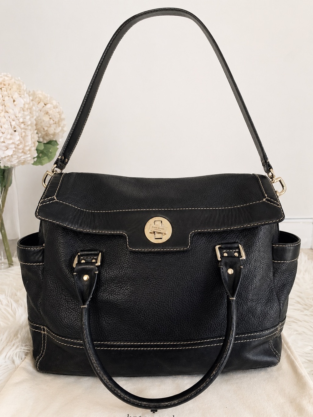 Kate Spade Black Leather Shoulder Bag Satchel Gold Turnlock large tote purse